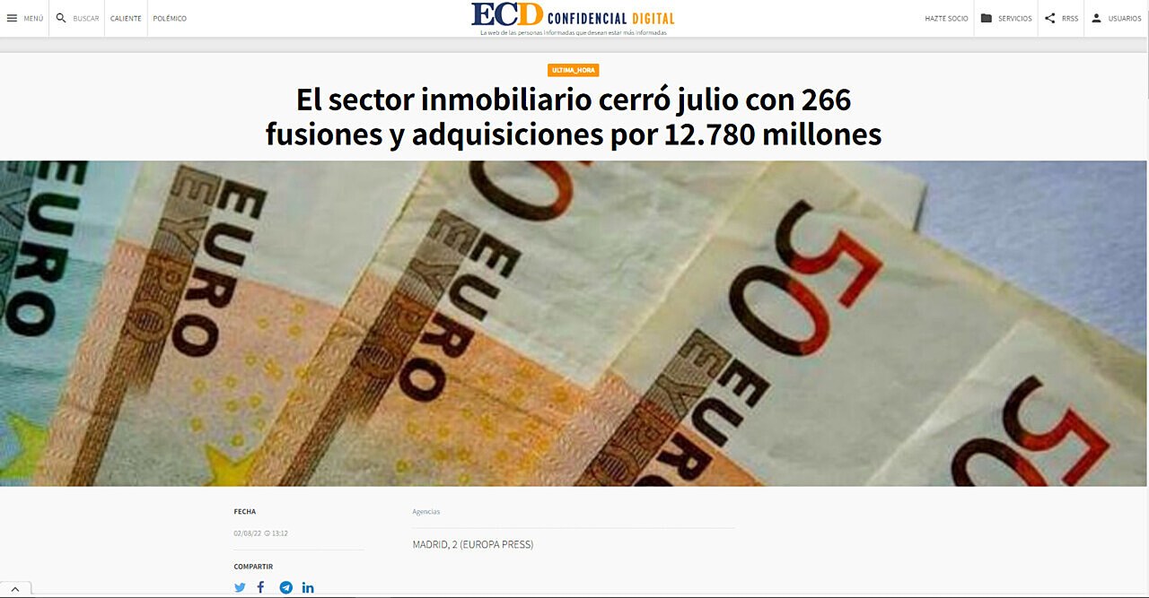 El sector inmobiliario cerr julio con 266 fusiones y adquisiciones por 12.780 millones